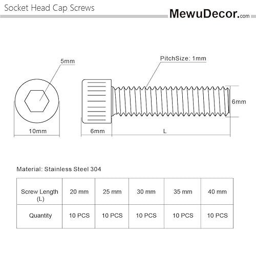 Miniatura 3 de Juego surtido de 50 tornillos de cabeza hueca, M6 x 0.787 in, 0.984 in, 1.181 in, 1.378 in y 1.575 in, acero inoxidable 304, acabado brillante