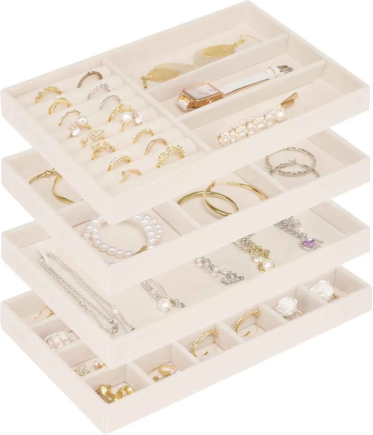 Cirhy Stackable Jewelry Organizer Trays for Drawer, Set of 4 Velvet Jewelry Drawer Inserts for Necklaces, Watches, Earrings & Bracelets, Jewelry Storage Tray & Display Case, Christmas Gift for Women Cirhy Stackable Jewelry Organizer Trays for Drawer, Set of 4 Velvet Jewelry Drawer Inserts for Necklaces, Watches, Earrings & Bracelets, Jewelry Storage Tray & Display Case, Christmas Gift for Women