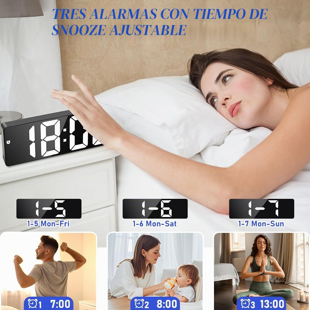 flintronic LED Despertador Digital, Reloj Despertador Digital con Temperatura, Puerto de Carga USB/Batería, 12/24 Horas, 4 Brillo Ajustable, para el Hogar, Dormitorio, Oficina, 7in