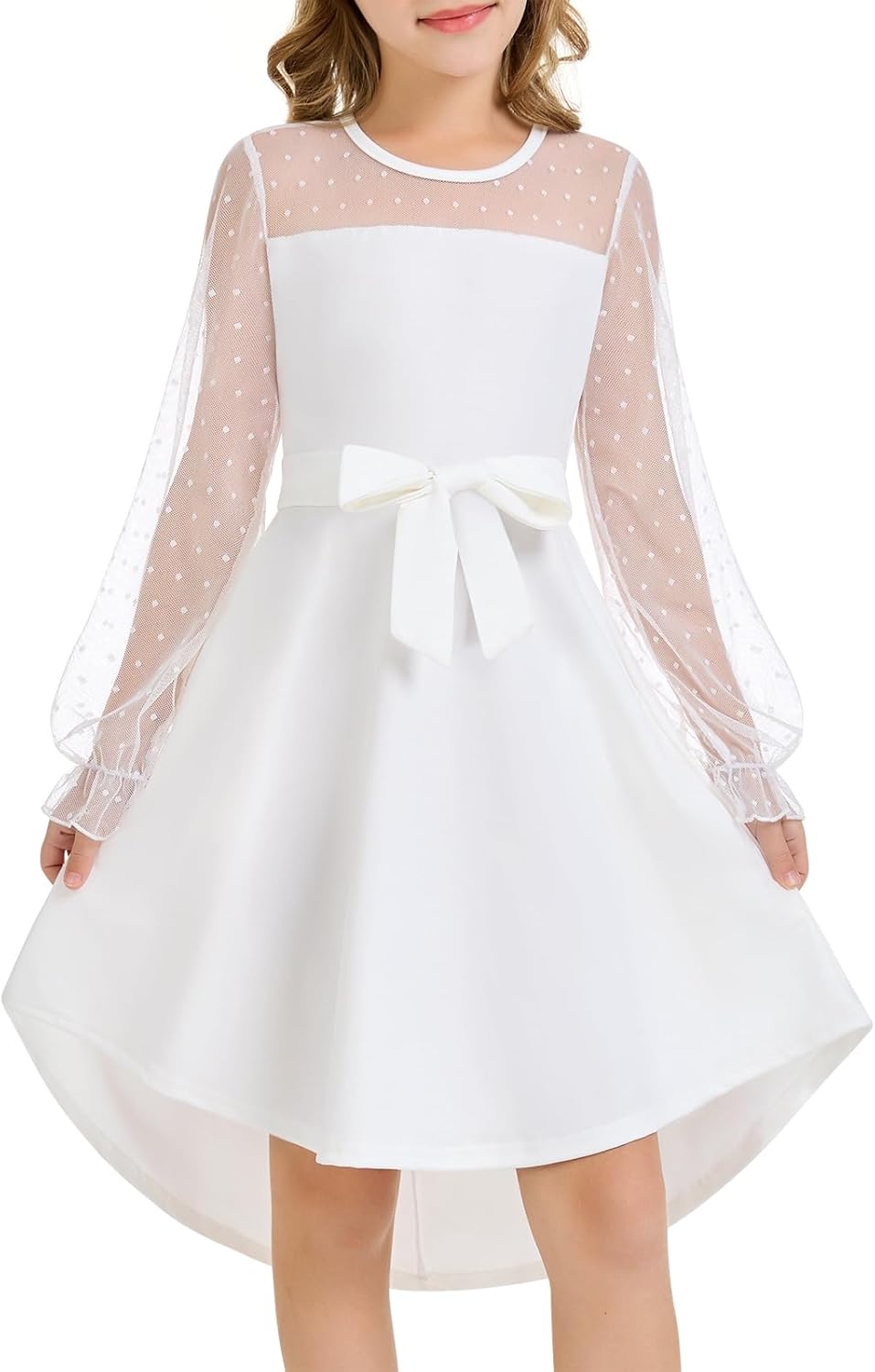 Girls Dresses Puff Long Sleeve Mesh A Line Casual Formal Party Dresses Belted Dress with Pockets 5-14 Years