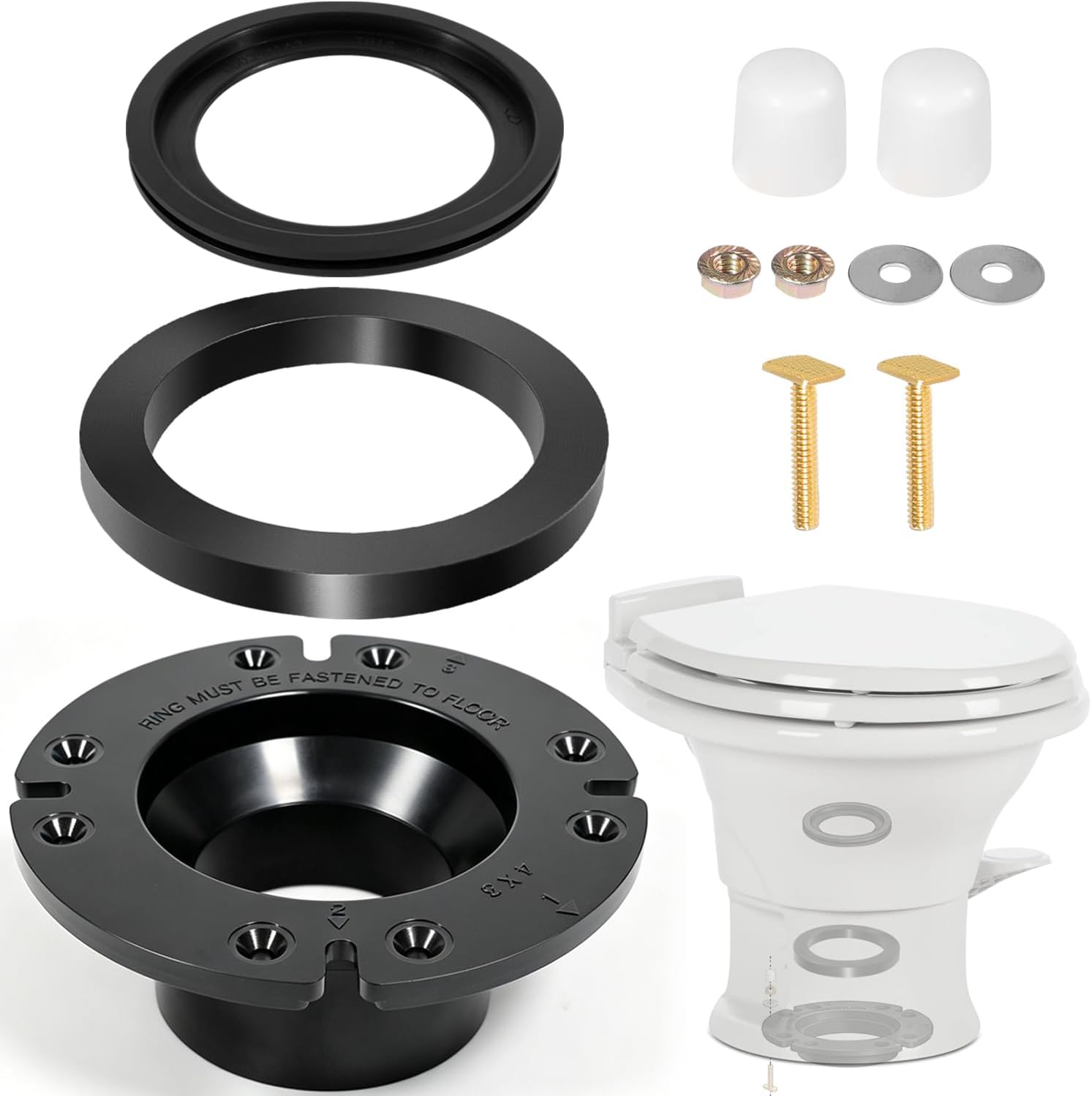 RV Toilet Seal Kit for Dometic 300 310 320 Series (3pcs) | Replaces 385345892 3" socket flange,385311658 flush ball seal & 385311652 gasket includes hardware.Prevents leaks & odors