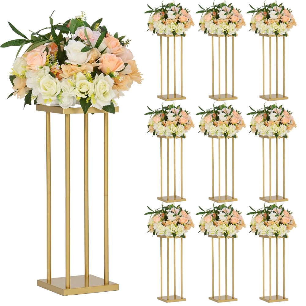 VINCIGANT 10Pcs 23.6Inch Tall Gold Geometric Centerpiece Stands, Metal Flower Floor Vase Column Flower Stand for Party, Table,Wedding Reception, Home Decoration