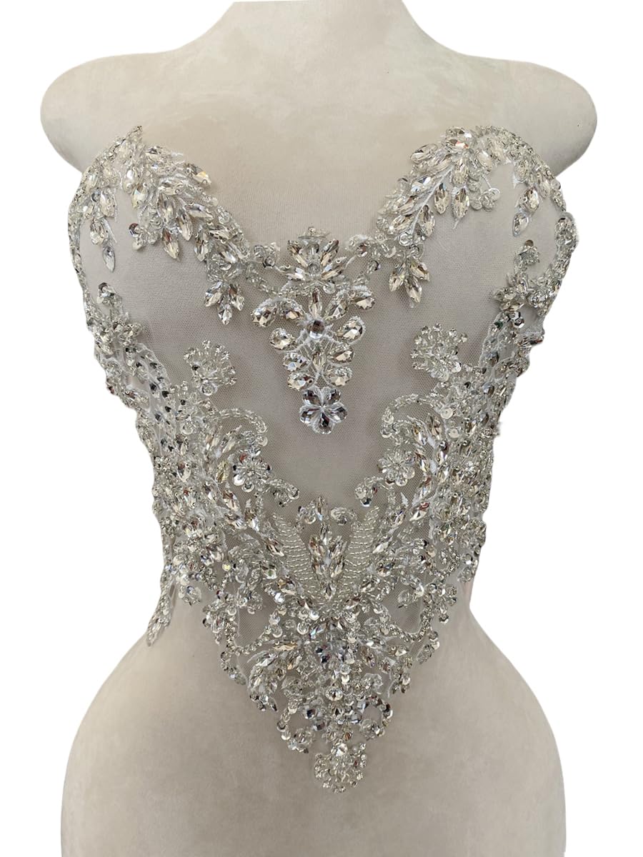 Handmade Rhinestones Beads Applique sew on Crystal Sequins lace Trim Patches Accessories for Dress Clothing Shiny Bead Decorative Material 15.7X15.9inches (Silver)