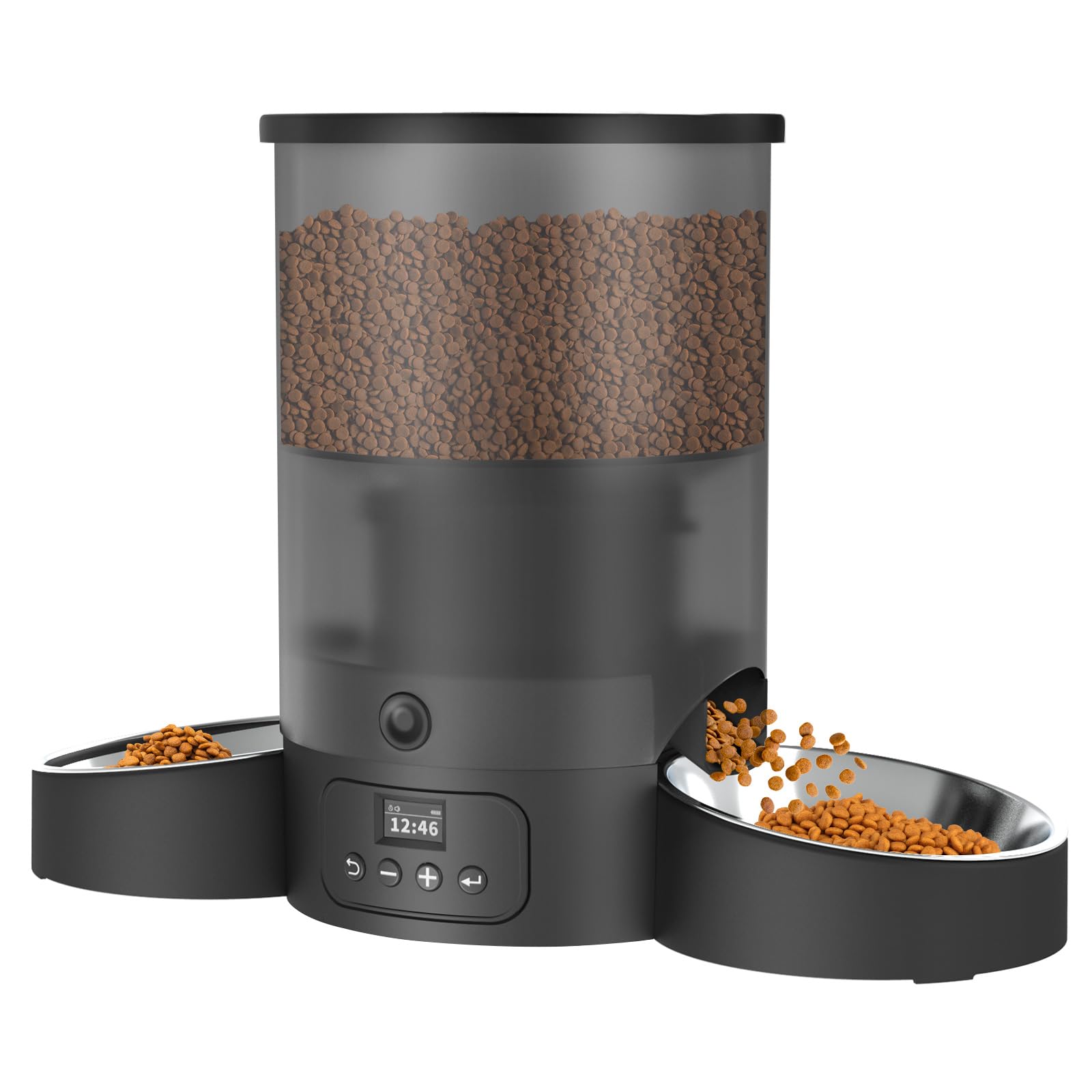 Automatic Cat Feeder for 2 Cats, SURDY 3L Automatic Cat Food Dispenser for Dry Food with 2 Stainless Bowls, 10s Meal Call Dual Power Supply and Timed Setting for Small Pets Indoor Black
