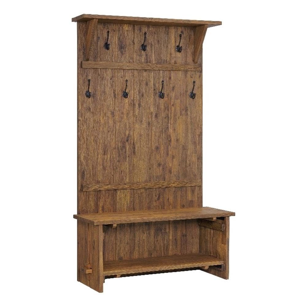 Alaterre Furniture Bethel Acacia Wood Hall Tree, 70-Inch, Natural Aged Brown, Large Entryway Bench with Storage Shelves and Metal Coat Hooks, Perfect for Mudroom, Kitchen, or Hallway