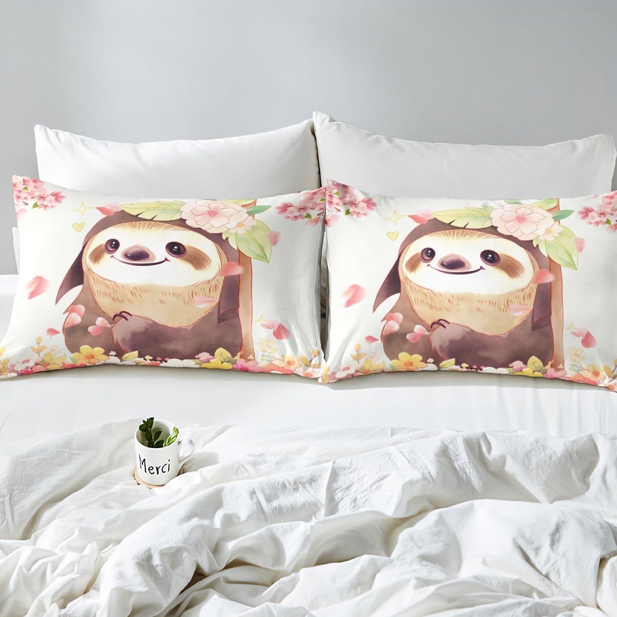 Cute Sloth Full Size Bedding Set,Cartoon Sloth with Pink Floral Decor Bed Sheets Tropical Animal Jungle Wildlife Fitted Sheet Botanical Blossoms Flowers Sheets with 2 Pillowcases