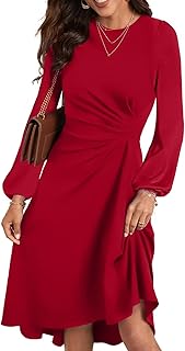 Women's Long Sleeve Ruched Waist Flowy A Line High Low Midi Cocktail Party Dress - Buy now