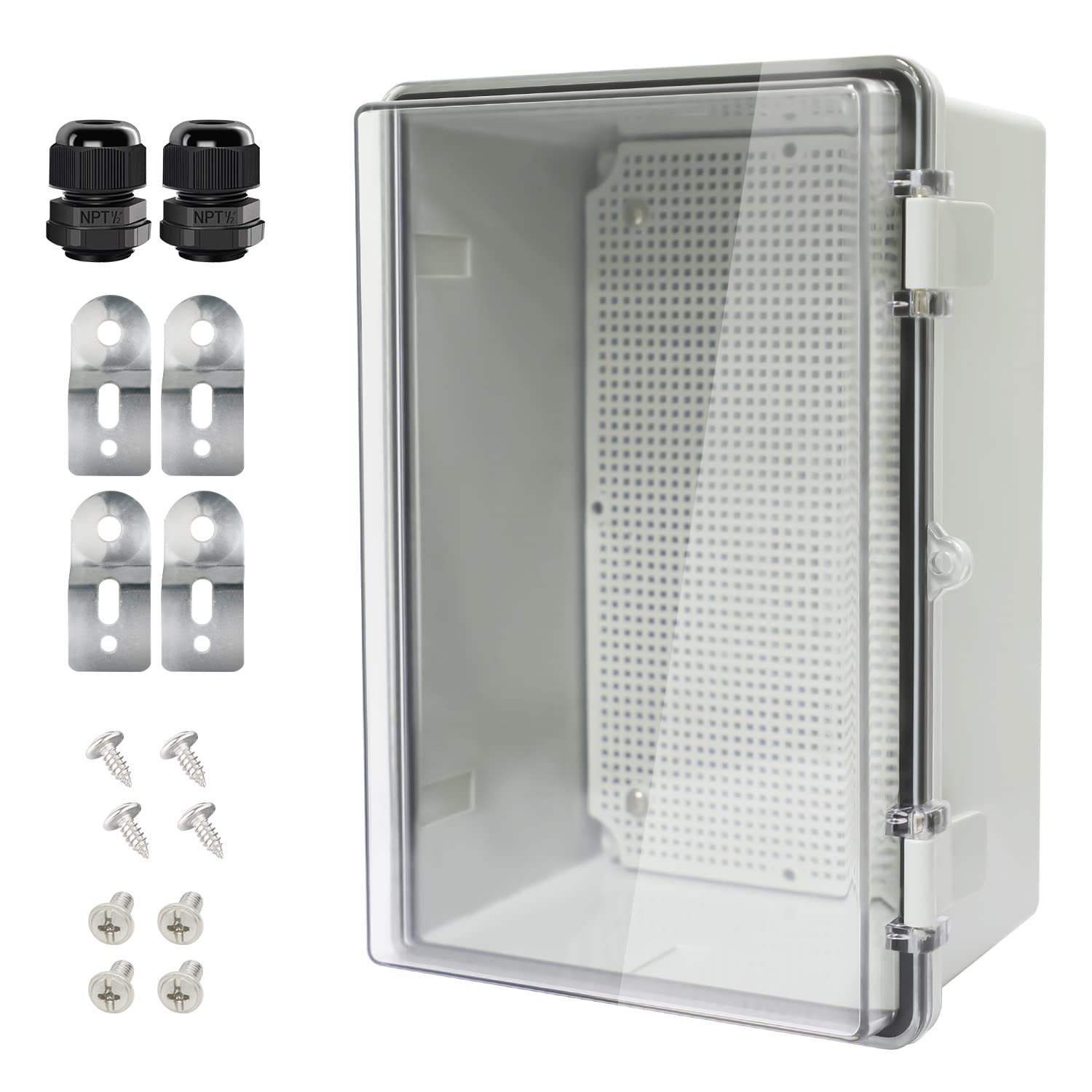 Abzweigdose IP65 wasserdichtes ABS-Kunststoffgehäuse, aufklappbar, PC, transparente Abdeckung, elektrische Projektbox mit Montageplatte, Kabelverschraubungen, 29x19x14 cm (290x190x140)