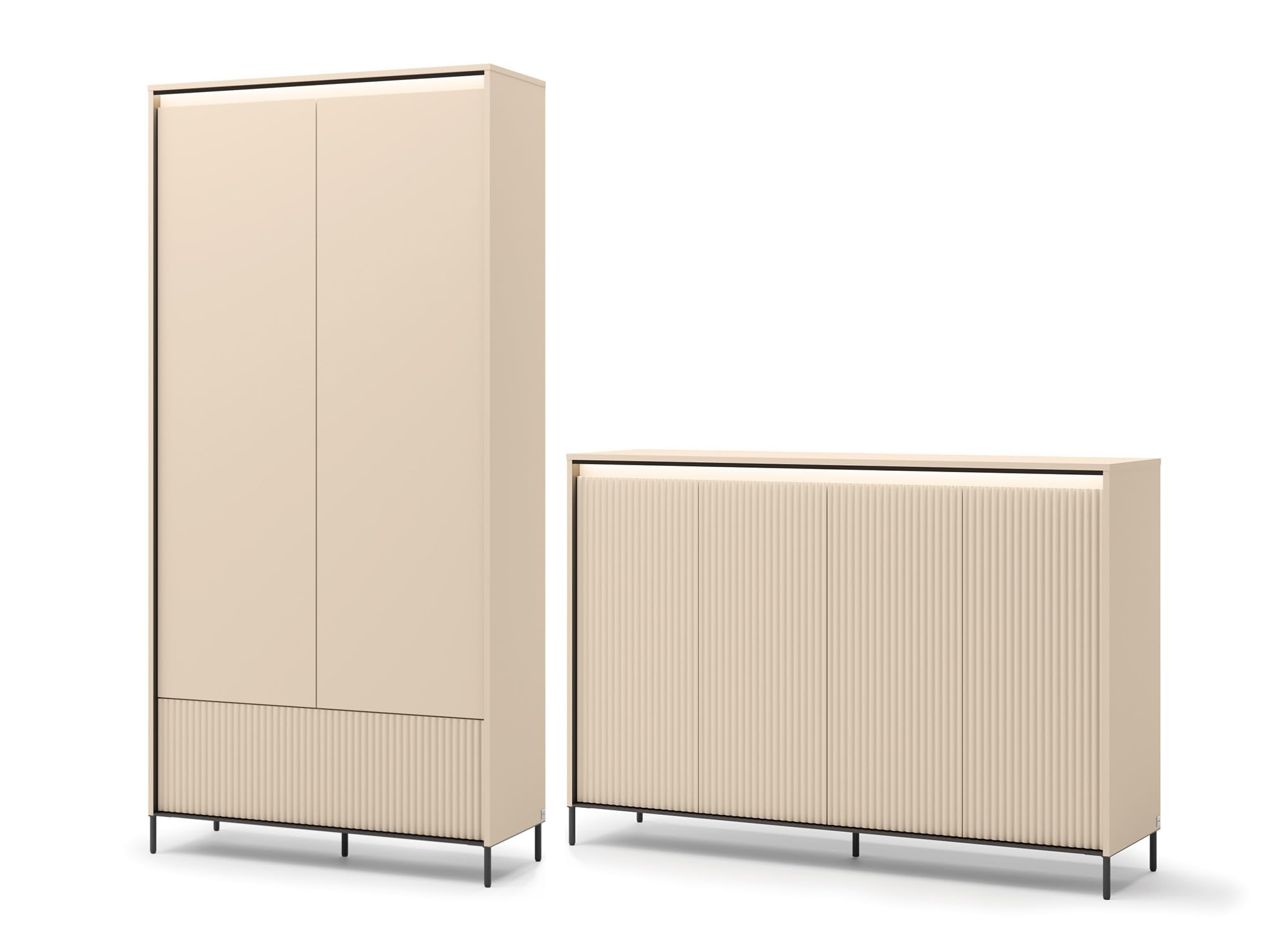 MEBLINI Garderobe Flur Möbel Set mit LED - Garderobenschrank Flur mitl Kommode - Garderobe Schrank - Flurgarderobe - Flurschrank hoch - Trend - Beige/Schwarz