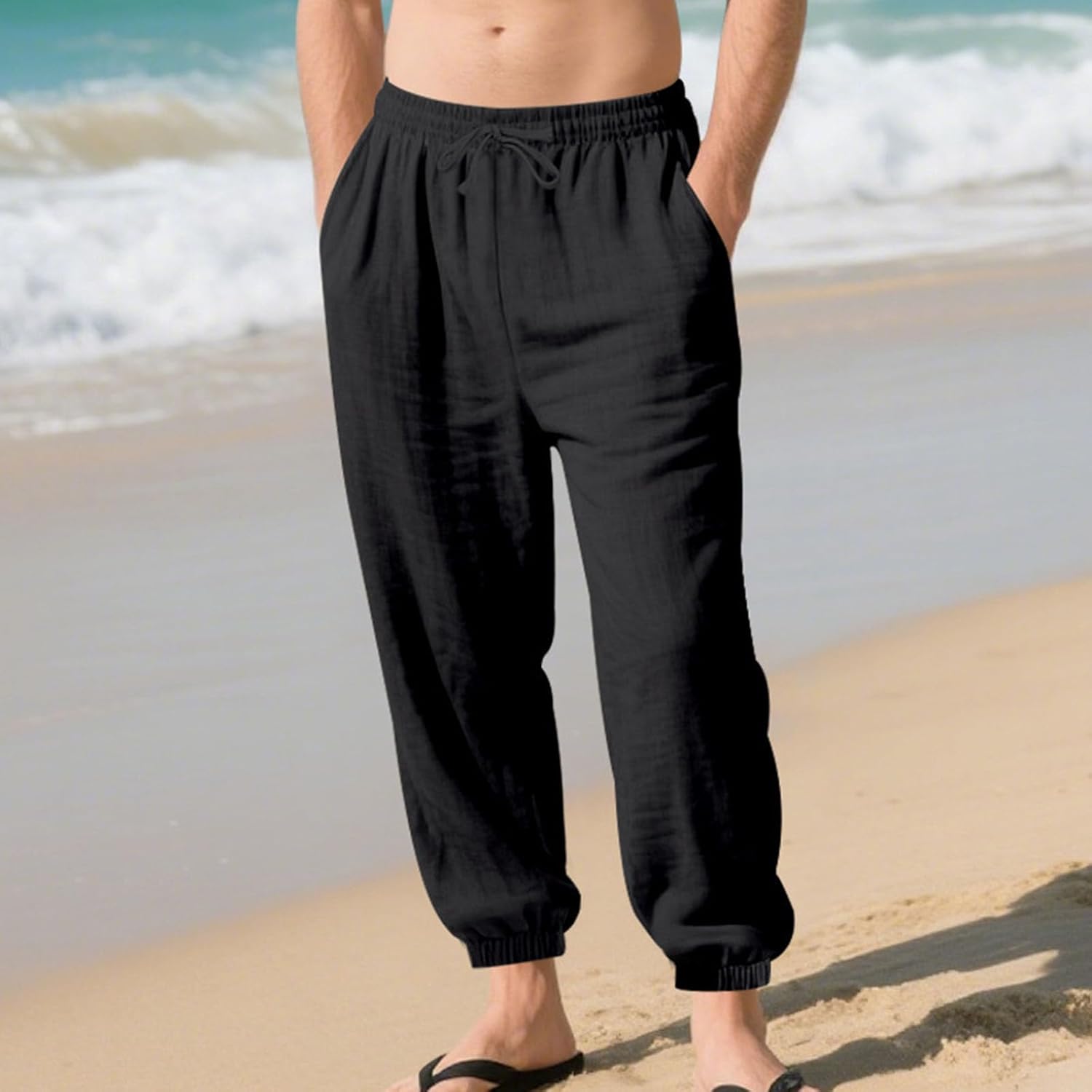 Mens Lightweight Pants Casual Beach Straight Elastic Waist Drawstring Jogging Summer Workout Trousers with Pockets