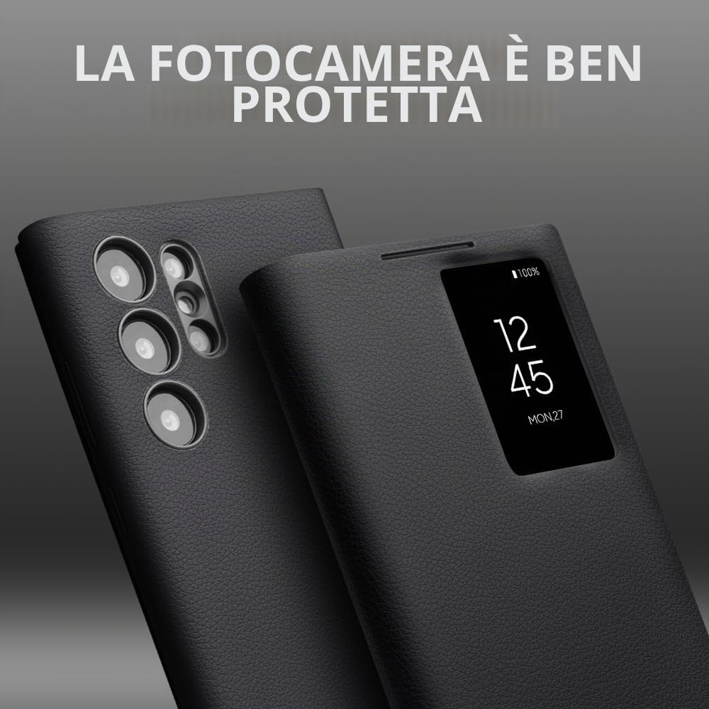Smart S23 Ultra Custodia in vera pelle per Samsung Galaxy S23 Ultra Light Phone Cover con Luxury Business Smart View Case per S23 Ultra (solo per S23 Ultra Nero)