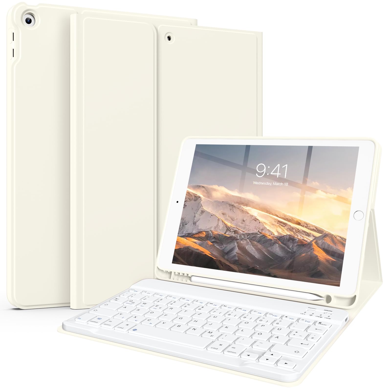 Funda con teclado para iPad de 10,2 pulgadas (9/8/7ª generación-2021/2020/2019), carcasa trasera de TPU suave con soporte para lápiz, teclado magnético extraíble con disposición QWERTZ, color
