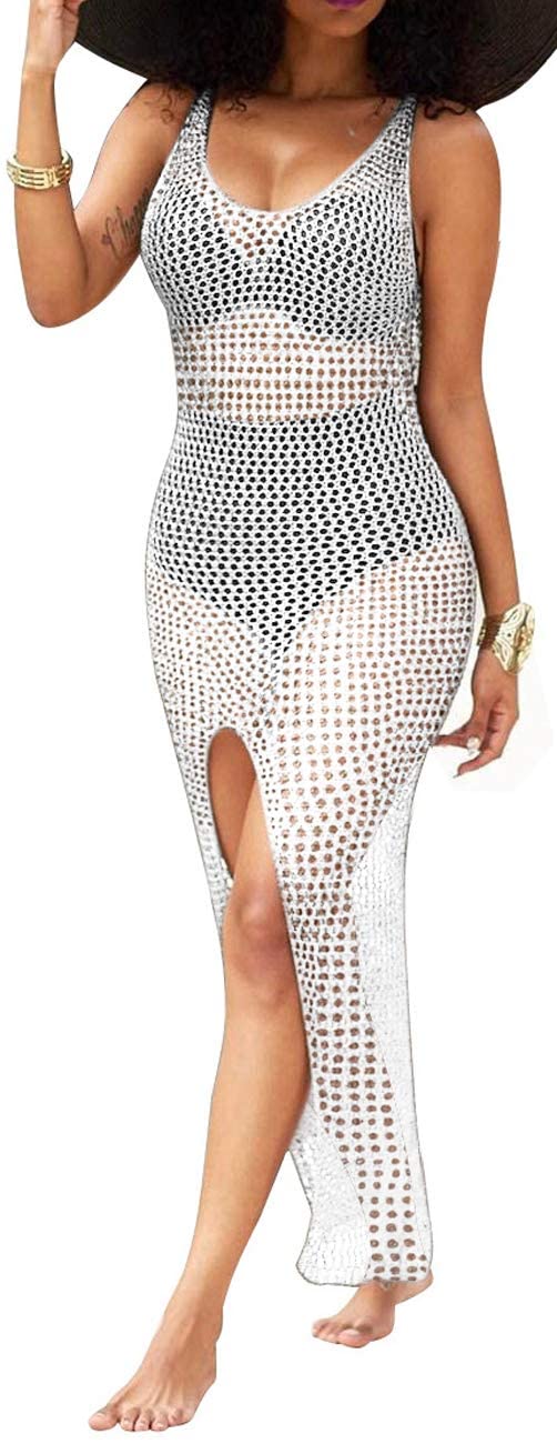 Sexy Swimwear Cover Ups for Women Summer Vacation Scoop Neck Crochet Bikini Swimsuit Split Bathing Suit