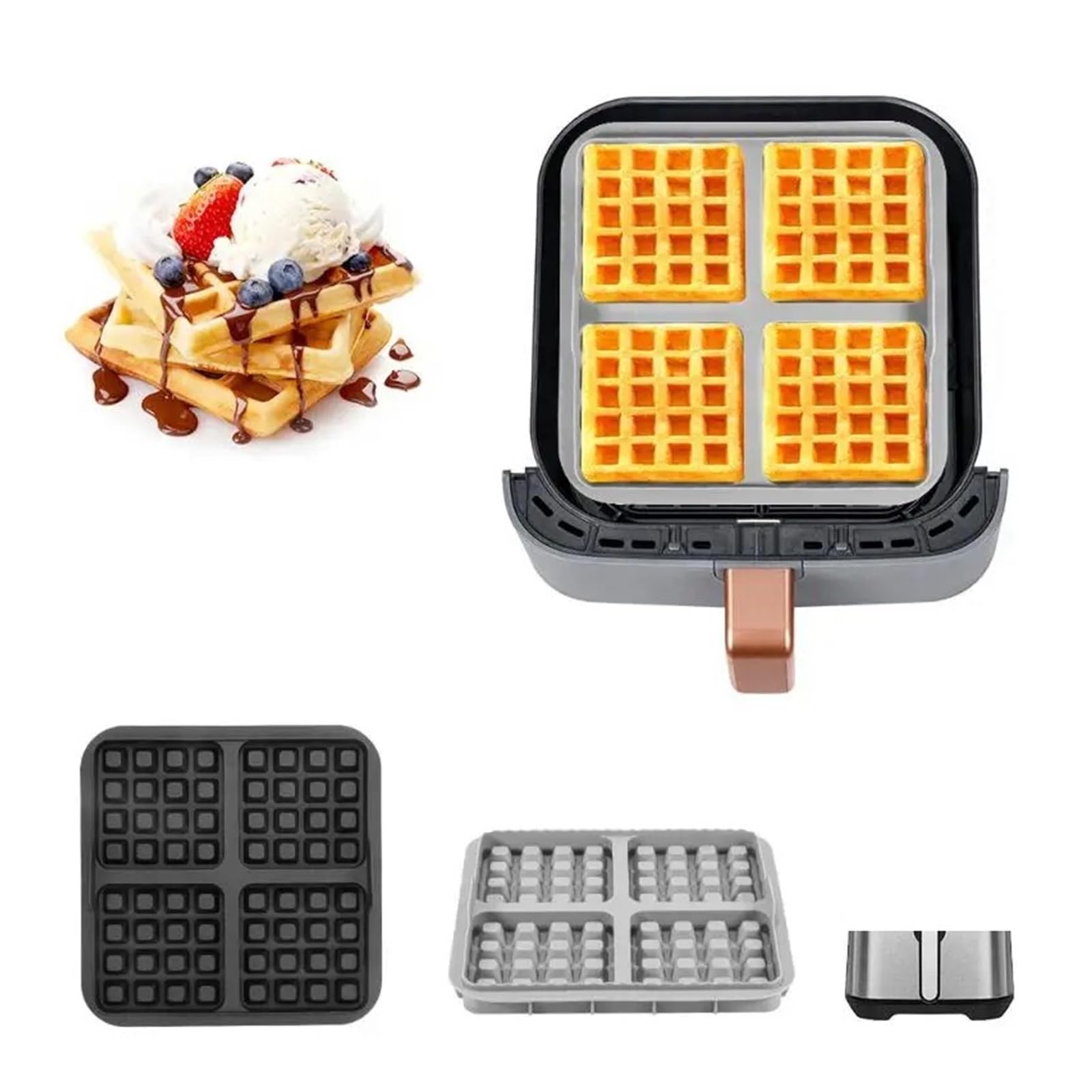 Air Fryer Waffle Mold, Reusable Silicone Baking Mat for Dual Basket Models, Non-Stick & Easy Clean, 1/2Pcs(Black2pcs)