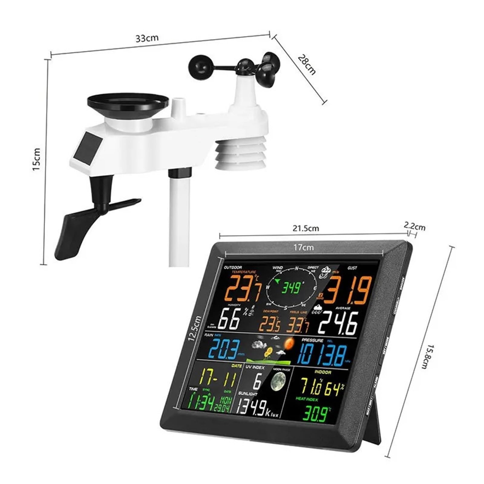 Generico Stazioni meteorologiche Wireless termoigrometro con Ampio Display da 10 Pollici, termoigrometro per Interni ed Esterni, pluviometro, velocità del Vento, 8 canali, Supporta