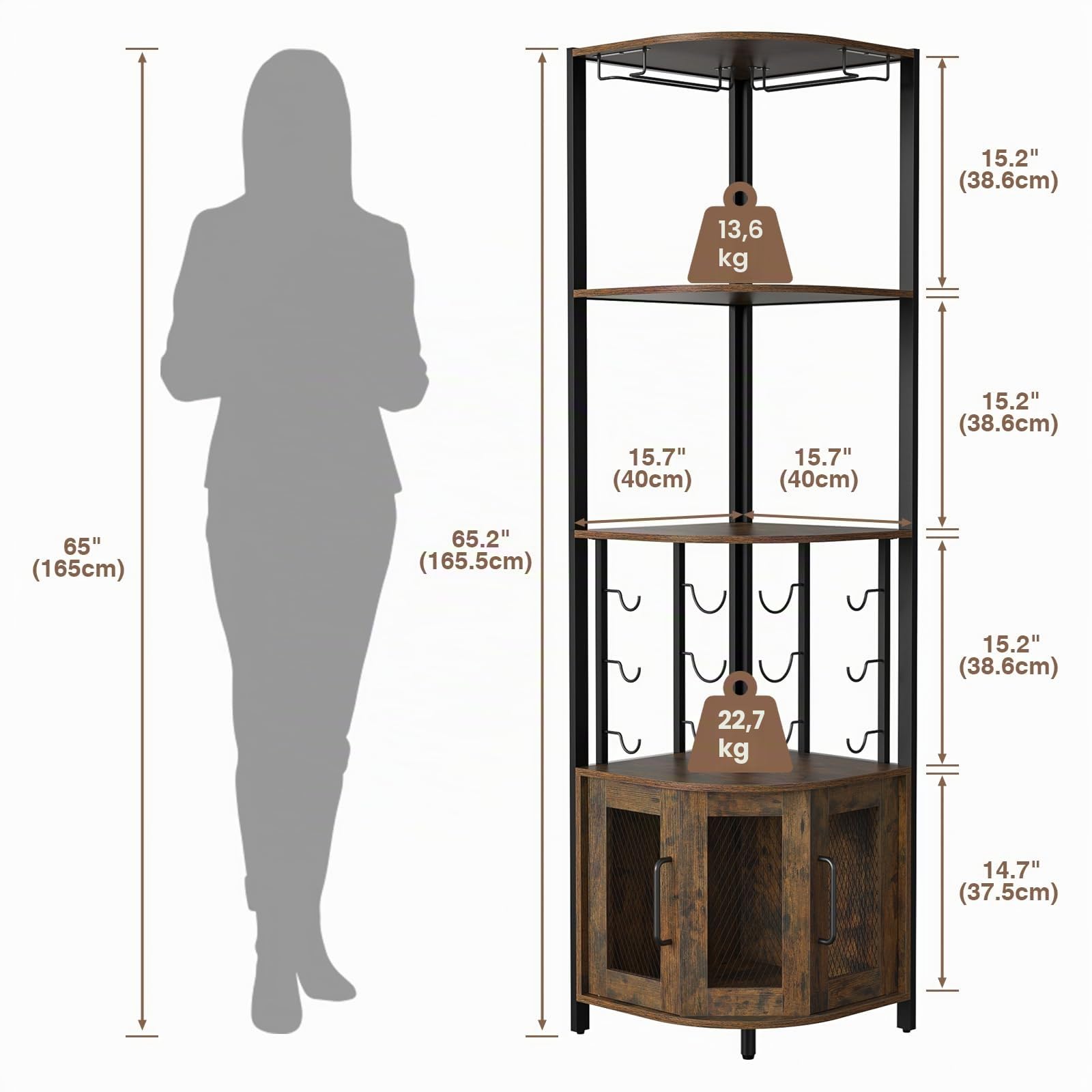 Mobile Bar Angolo con Portabicchieri, Armadio per Liquori e Vino a 4 Livelli con Porte in Rete Metallica, Armadio Buffet Portabottiglie con Kit Antiribaltamento per Bar a Casa, Conservazione