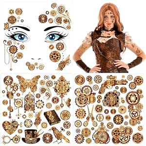 HOWAF 3 Sheets Face Tattoo Steampunk Tattoos, Face Tattoo Carnival Halloween Tattoo Face Gears Temporary Tattoos for Steampunk Costume, Halloween Carnival Costume - View 2