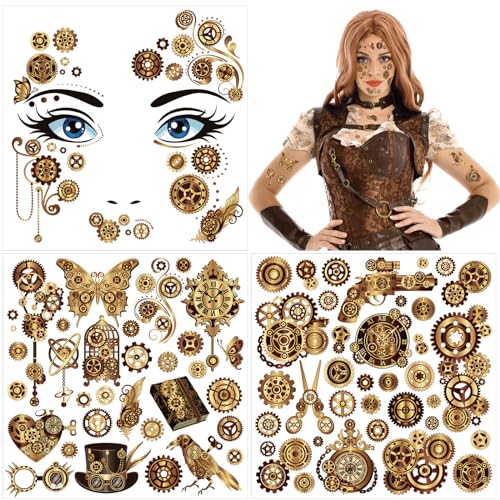 HOWAF Steampunk Cara Tatuaje Pegatinas, 3 Hoja Steampunk Gotico Bronceado Cara Maquillaje Pegatina Impermeable Tatuajes Temporales para Halloween Disfraz Gotico Vapor Punk Mujeres Festival Maquillaje