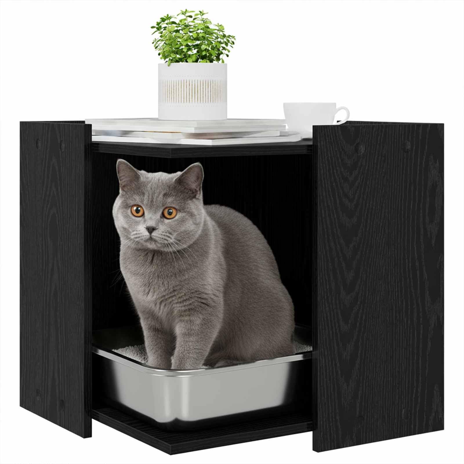 vidaXL Cat Litter Box Enclosure Black oak 53 x 53 x 51 cm, Modern Rectangular Cat Furniture Enclosure, Discreet Litter Box Cover, Pet-Friendly Decor, Indoor Pet House Design