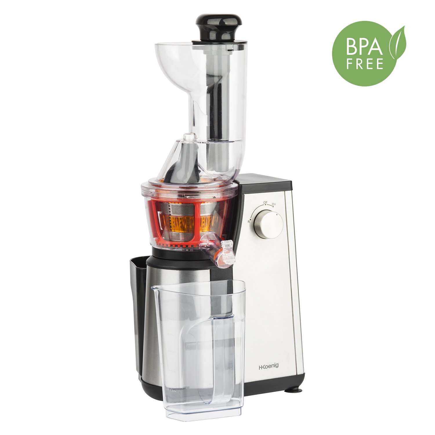 H.Koenig Vertikaler Entsafter GSX22 Vitamin + BPA-freier Entsafter-82 mm Weites Mundstück-3 Siebe für Dünn- und Dicksaft und Sorbet-Soft-Press 60 Umdrehungen, 400 W