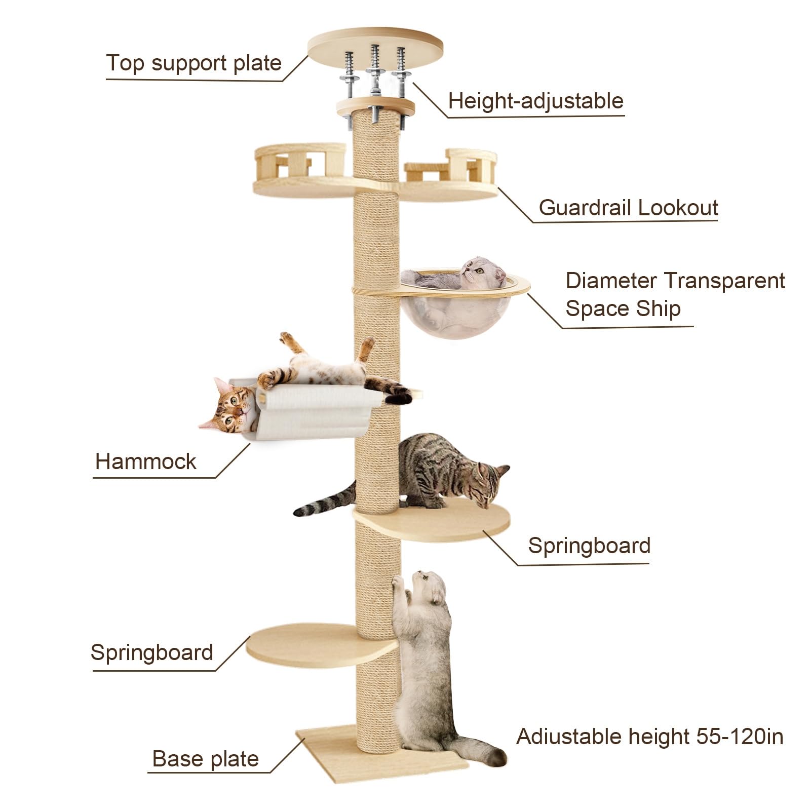 Árbol para gatos, torre moderna para gatos de suelo a techo, torre para gatos de altura ajustable con cuenco de hamaca, poste rascador de 6 niveles para gatos de interior, árbol de actividad