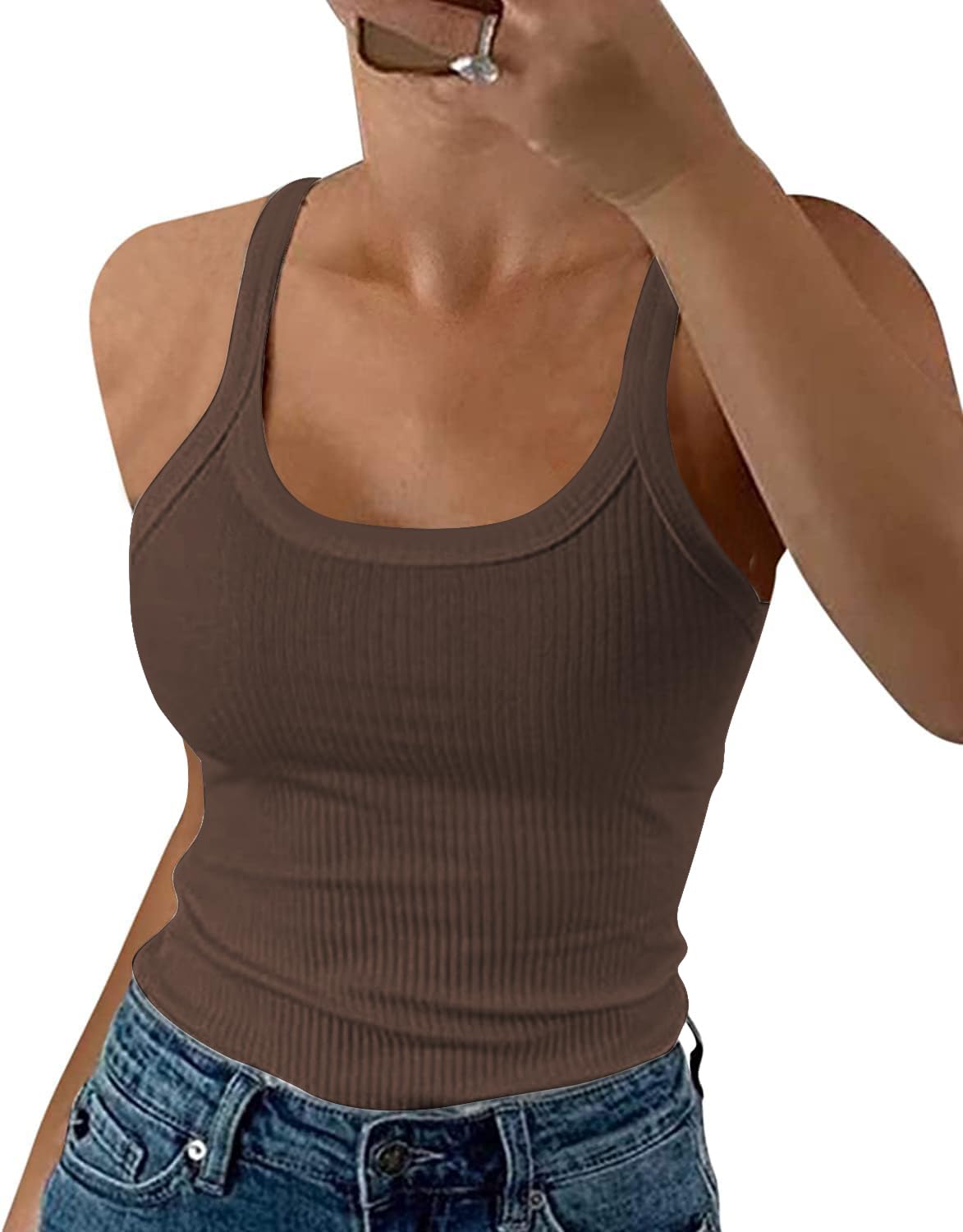 DUOEASE Spaghetti Top Damen Sommer 2025 Gerippt Rundhals Tank Top Basic Einfarbig Slim Fit Stretch Top