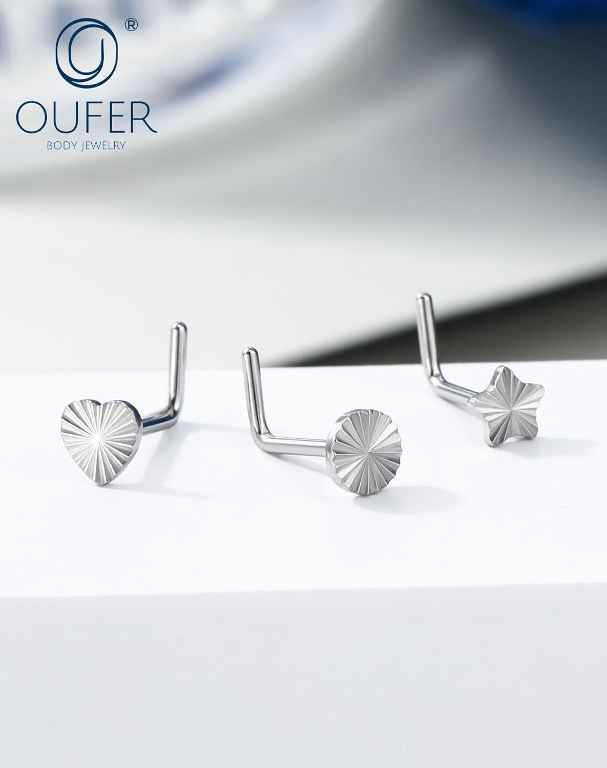 OUFER 20G Nose Studs, 316L Surgical Steel Nose Nostril Piercing Jewelry, 3PCS L-Shaped Nose Rings For Women Men, Star Heart Nose Piercings Kit - Image 7