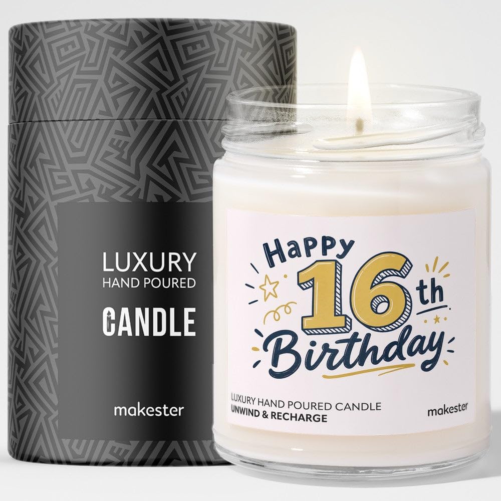 16th Birthday Gift - Luxury Soy Wax Candle - Vanilla, Jasmine, Sugared Almond - Makester — image 1