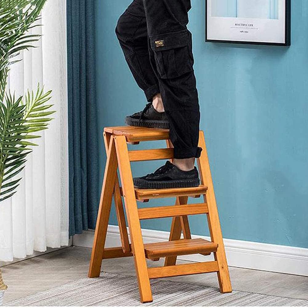 Folding Step Stool 2/3 Step Ladder Multi-Functional Solid Wood Stepladder Storage Shelf Rack with Wide Pedal for Household and Office