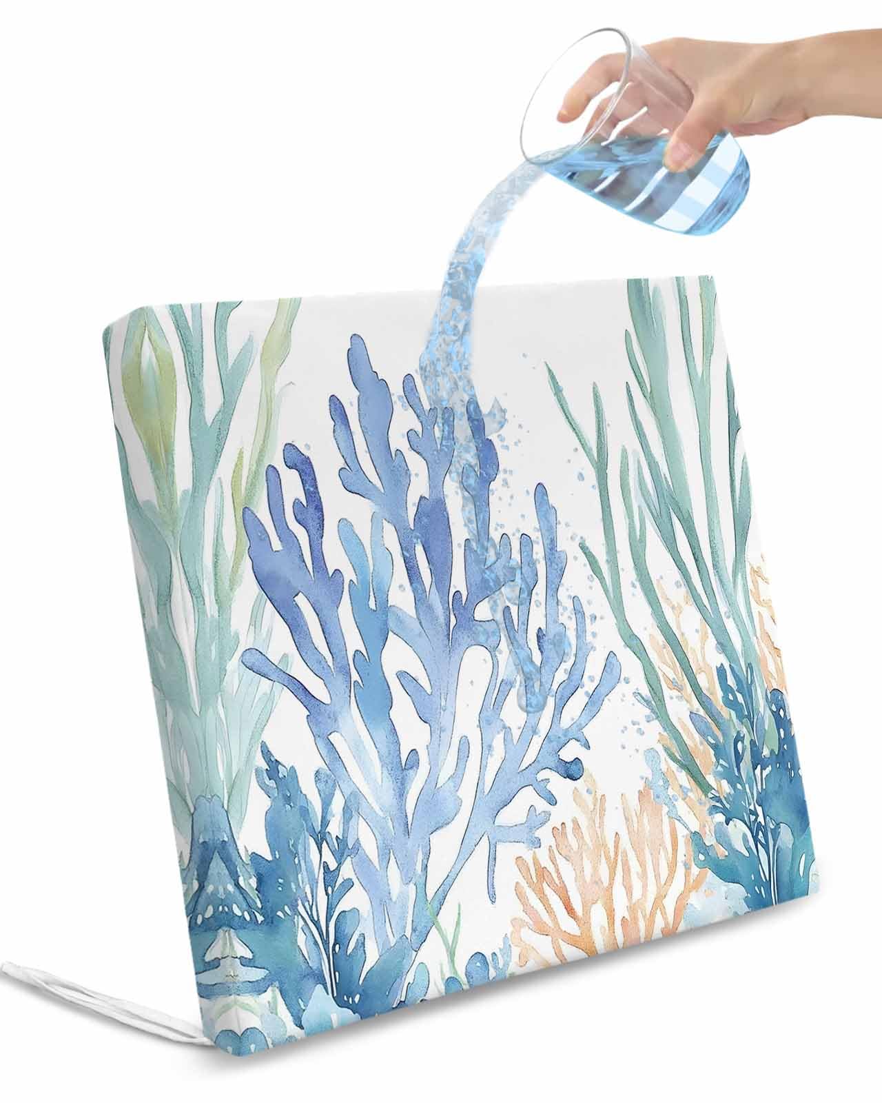 2 Pack Ocean Botanical Waterproof Cushion Covers with Ties, Outdoor Patio Chaise Lounge Chair Seat Cushion Slip Covers Replacement(Only Cover) Summer Coastal Sea Blue Green Coral 22