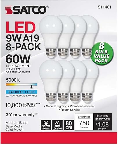 Miniatura 2 de Satco S11461 - Paquete económico de 8 bombillas LED A19 de 9 W, reemplazo de 60 W, blanco, 9 vatios