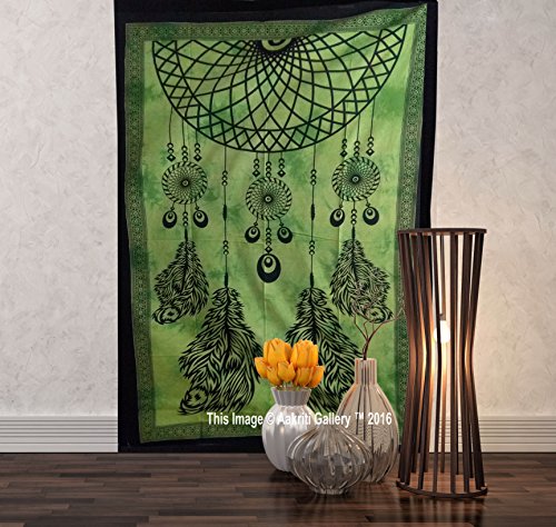 Aakriti Gallery Tapestry Single Dream Catcher Hippie Mandal Wall Hanging Art Decor Mandala Tapestries Hippie Dorm 84X55 inches (Green)