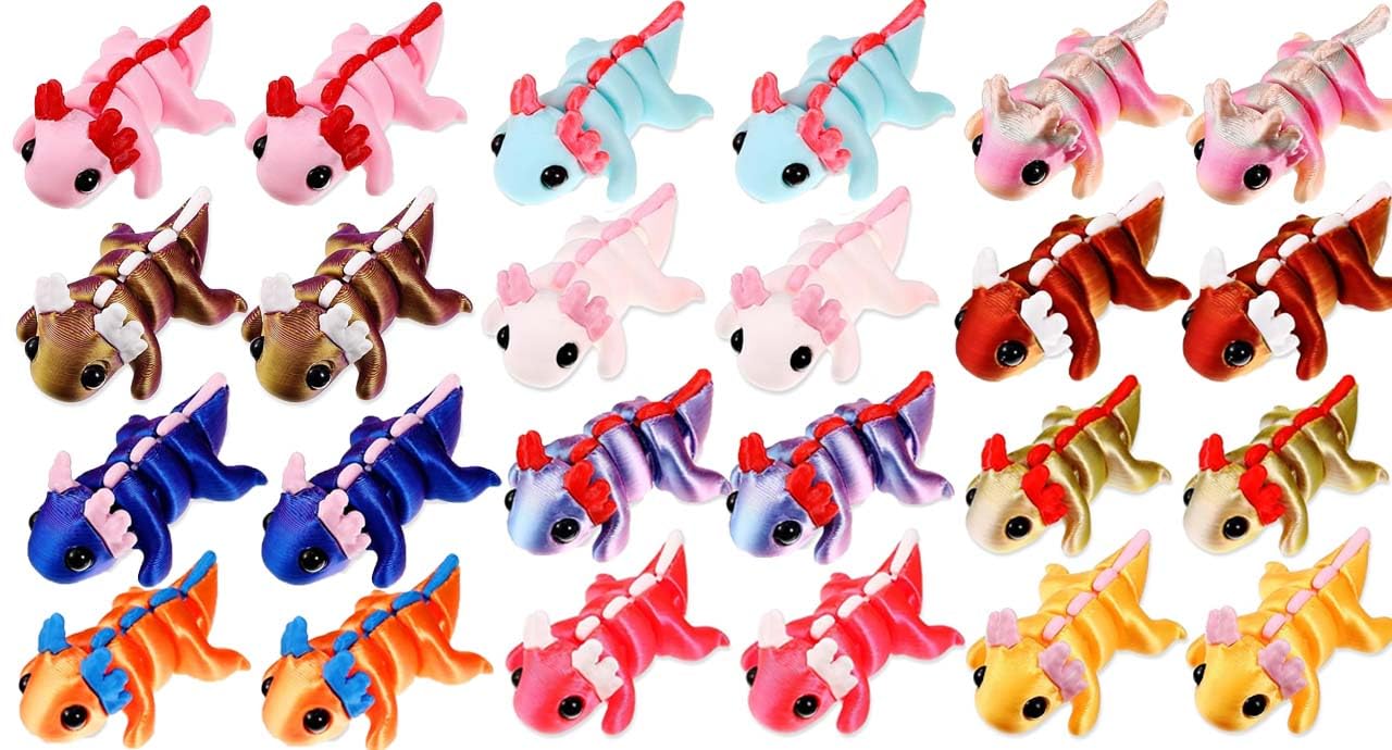 24 Pcs 3D Printed Axolotl Fidget Toy 3D Printed Small Animal Toy Flexible Cute Articulating Pet Stress Relief Fidget Toys forClassroom Rewards & Desk