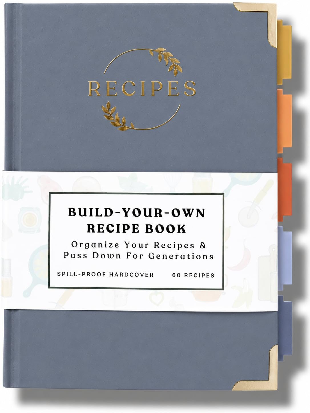 Kikaze Collection Blank Recipe Notebook | Small Blank Recipe Book to Write in Your Own Recipes | Artisan Hardcover Journal for 60 Recipes | 8.4” x 6” Leather Blue & Gold Hardcover | Tabs, Stickers, Pocket & Bookmarks