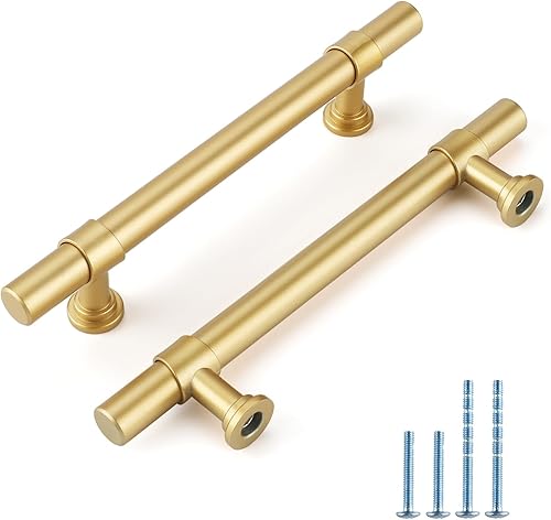 Rergy Paquete de 10 tiradores dorados para gabinetes de cocina, manijas de latón cepillado, tiradores de cajones dorados cepillados, herrajes para