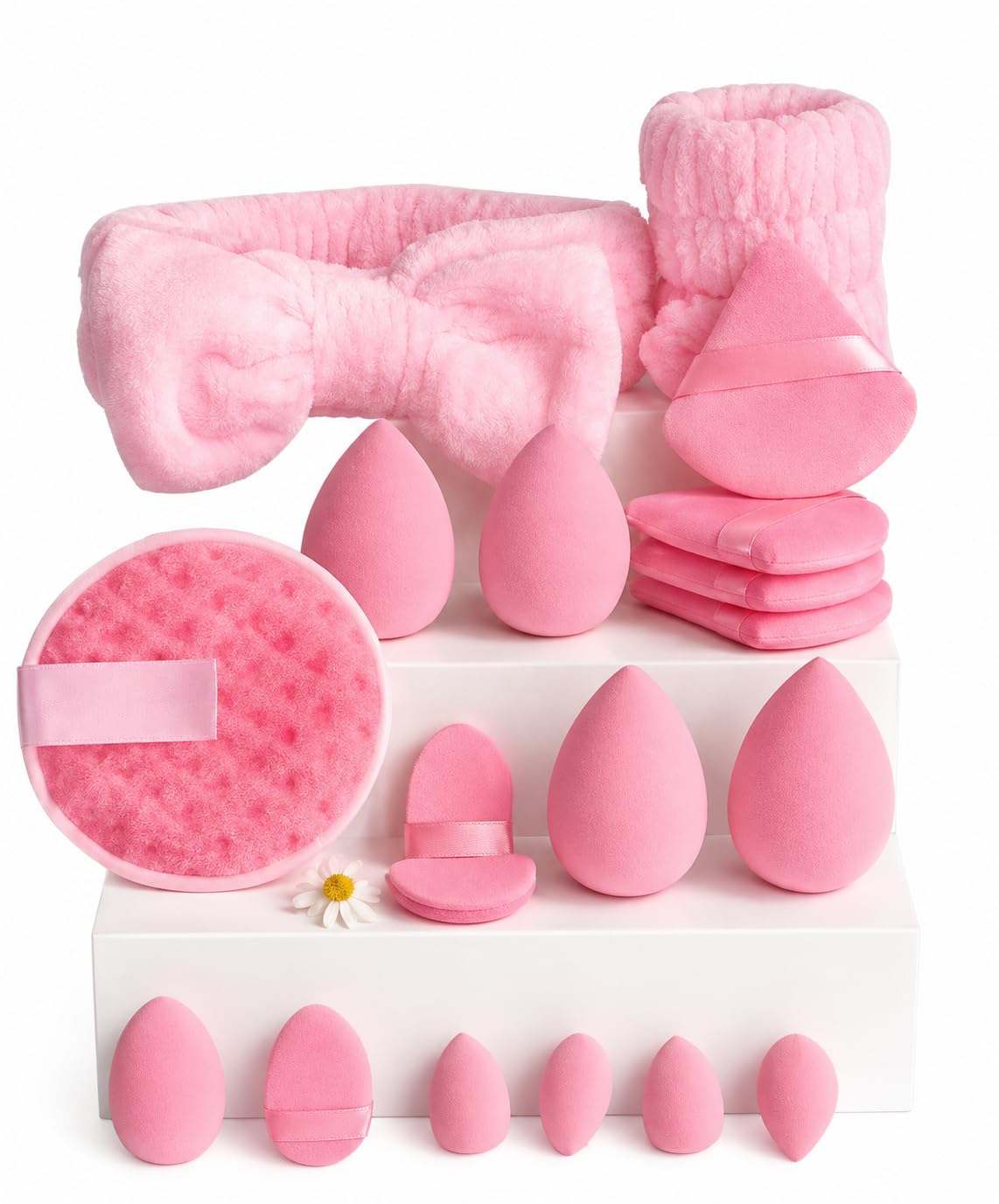 multi-shape makeup sponge set | 20 piece beauty puff collection with headband and clean sponge | pink, purple, beige & bright sets | face blender kit for cream