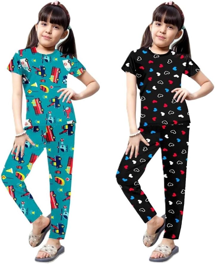 Girls Night Suit Half Sleeve Printed Cotton Set Soft Pajamas for Sleep