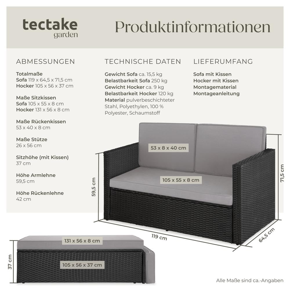tectake® Sofa Set - 2 Sitzer Sessel mit Hocker und Schlaffunktion, kleine Rattan Couch als Outdoor Gartenmöbel, wetterfest für Lounge, Balkon und Garten, klappbar mit imprägnierten Polstern - Schwarz