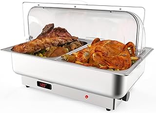 Rectangular Roll Top Electric Chafing Dish Buffet Set with Temperature Control, 2 x 4.5 QT Half-Size Stainless Steel Food Servers and Warmers with Transparent Lid for Catering Wedding and Parties