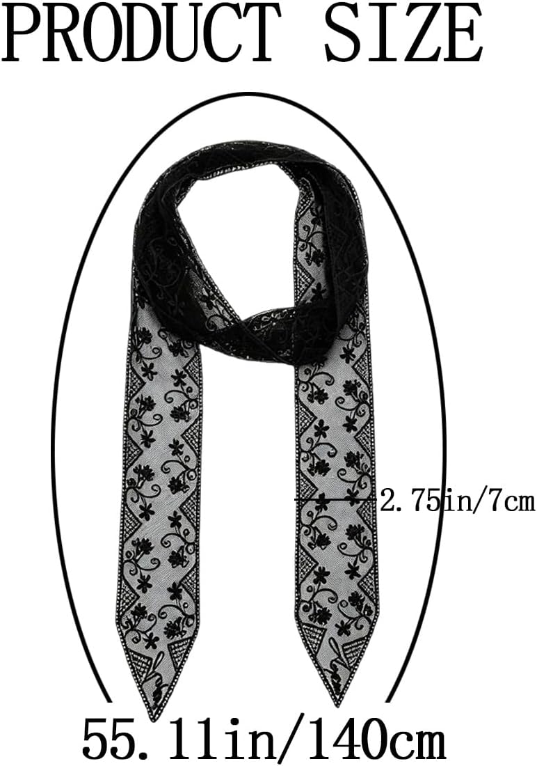 2 PCS Lace Sheer Mesh Long Skinny Scarf for Women Lightweight Fashion Neck Scarfs Thin Satin Headscarf Hair Bandana Neck Tie Purse Bag Charm Sleep Headwrap Unique Decorative Accessories （Black, White） image 2