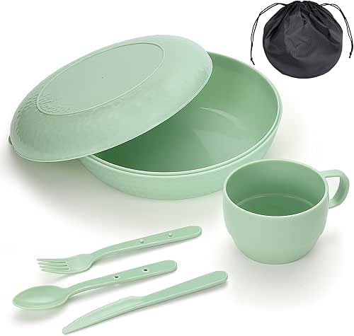 HOMQUEN 6-Piece Camping Mess Kit with Bowl, Plate, Cup, Spoon,