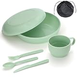 HOMQUEN 6-Piece Camping Mess Kit with Bowl&comma; Plate&comma; Cup&comma; Spoon&comma; Fork&comma; Knife and Carry Bag&comma; Plastic Camping Accessories Essentials Gear for Travel&comma; Camping&comma; Picnic&comma; Outdoor&comma; Easy to Carry & Store