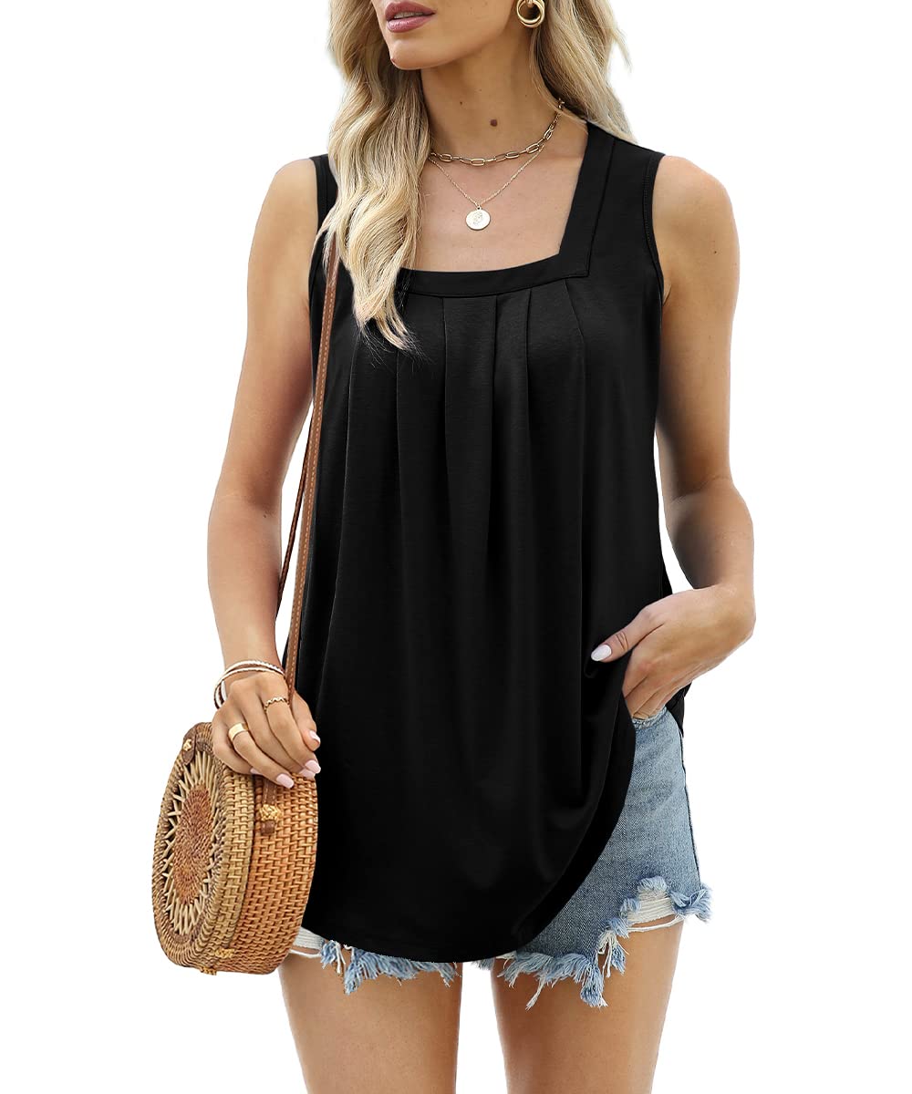 AokosorVests for Women Square Neck Summer Tops Ladies Pleated Sleeveless Tank