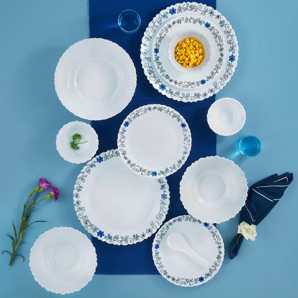Silk Series Blue Iris Opalware Dinner Set | 35 Pieces for Family of 6 | Microwave & Dishwasher Safe | Bone-Ash Free | Crockery Set for Dining & Gifting | Plates & Bowls | White