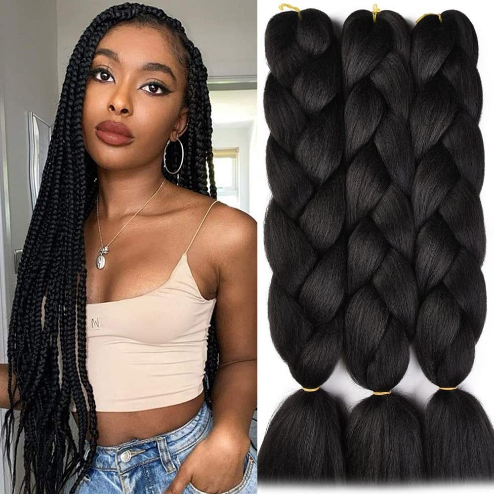 Colorfulpanda extensiones de pelo trenzado pretensado Kanekalon Jumbo extensiones de pelo trenzado de 50,9 cm (24 pulgadas,3 Piezas) de pelo trenzado sintético para cabello trenzado torcido (negro)