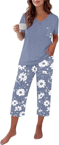 lopmou Capri Pjs Sets for Women Womens Two Piece Outfits Cotton Pajamas Casual S