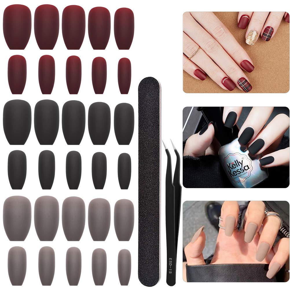 72Pcs Matte Press on Nails Black Dark Red Acrylic False Nails Medium, Coffin Wine Red Fake Nails with Glue Tweezer and Nail File(3 Packs)