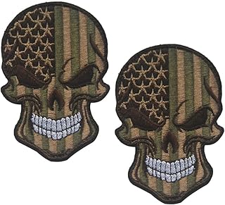 2 PCS AliPlus USA American Flag Patches Skull Patches Embroidered Tactical Military Morale Patch Hook and Loop(Brown)