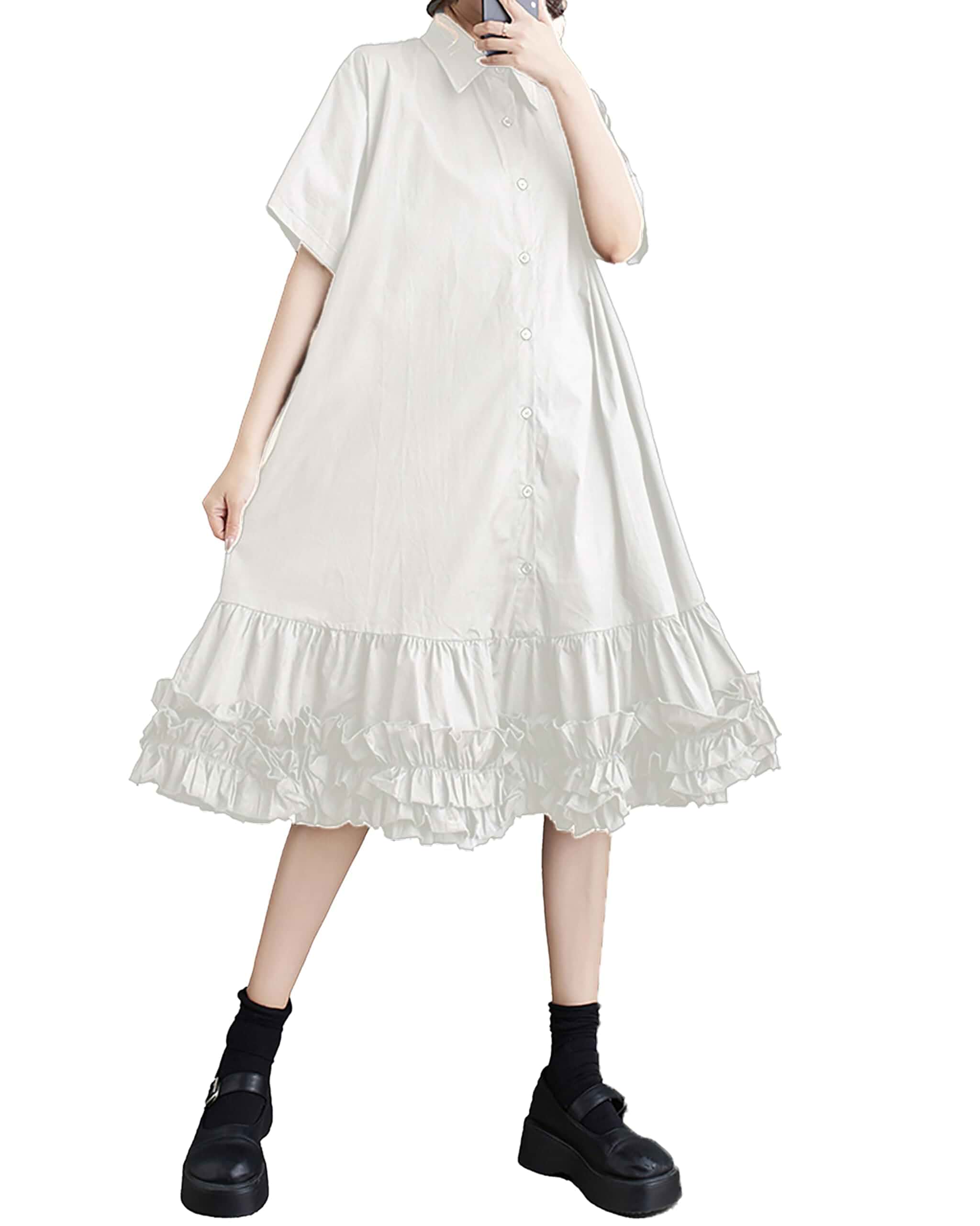 ellazhu Women's Shirt Dress Button Down Lapel Short Sleeve Ruffle Hem Oversize Loose Casual Solid GZ183 A Small-X-Large