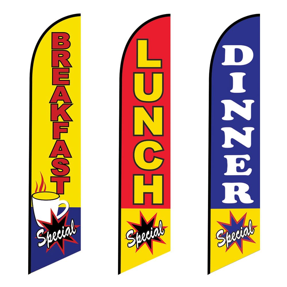 3 (three) Tall Windless Feather Flags of Lunch Special Dinner Special and Breakfast Special for Restaurant Advertising Flags (Pack of 3 Replacement
